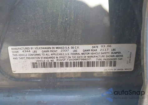 2006 Volkswagen Jetta 2.5 from USA, damaged, VIN 3VWSF71K06M798437